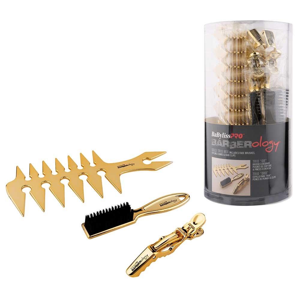 BaBylissPRO Barberology Gold Trio Set 15pc Comb/Brush/Clips.