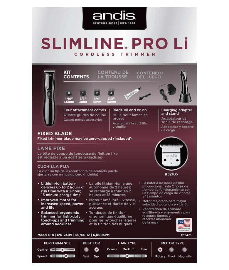 Andis Slimline Pro Li Cordless Trimmer D8 Black.