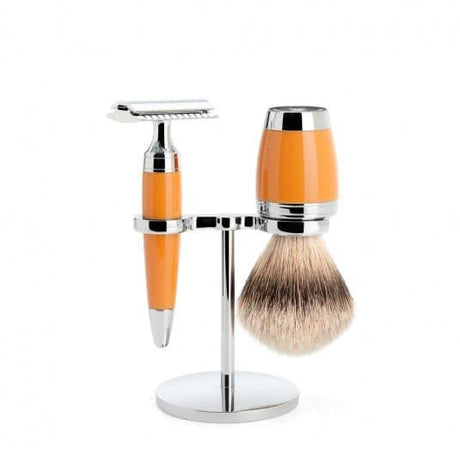 Muhle Stylo Butterscotch Resin 3 Piece Shaving Set with Badger Brush and Safety Razor
