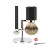 Muhle Hexagon Chrome Graphite Plated 3 Piece Shaving Set with Synthetic Silvertip Badger Brush and Safety Razor