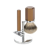 Muhle Hexagon Chrome Bronze Plated 3 Piece Shaving Set Synthetic Silvertip Brush  Safety Razor Preorder